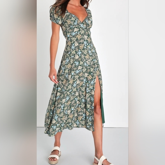 Lulus Meadow Muse XXL Green Floral Tie-Back Puff Sleeve Midi Dress, Size XXL - Picture 9 of 12